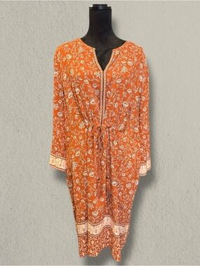 J. Jill Women’s 3x Brown Floral Print Dress Drawstring Waist 3/4 Sleeve NWT